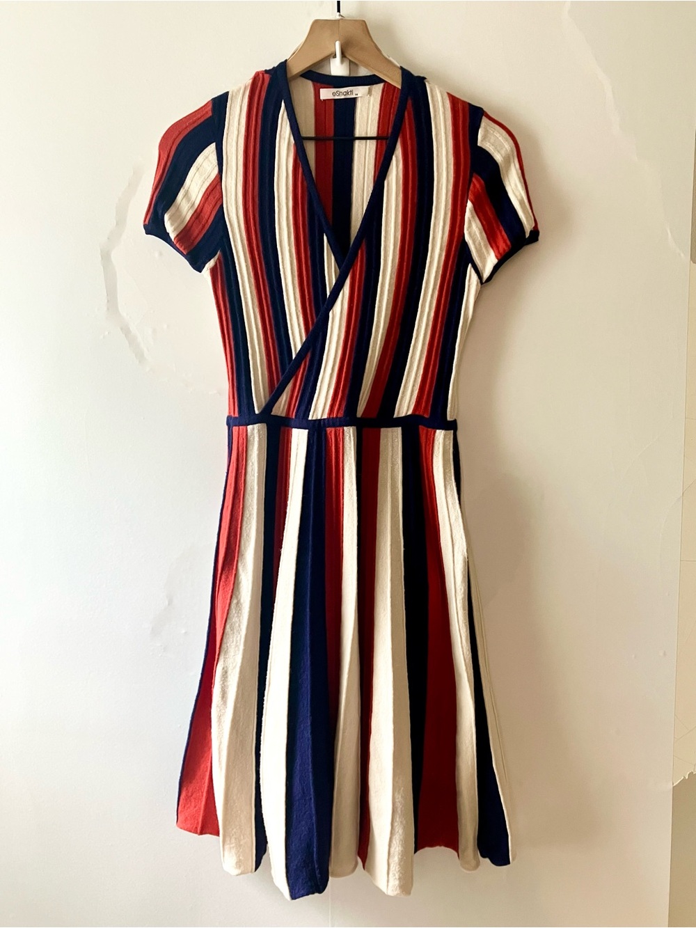 ESHAKTI Knit Stripe Short Sleeve Faux Wrap Dress